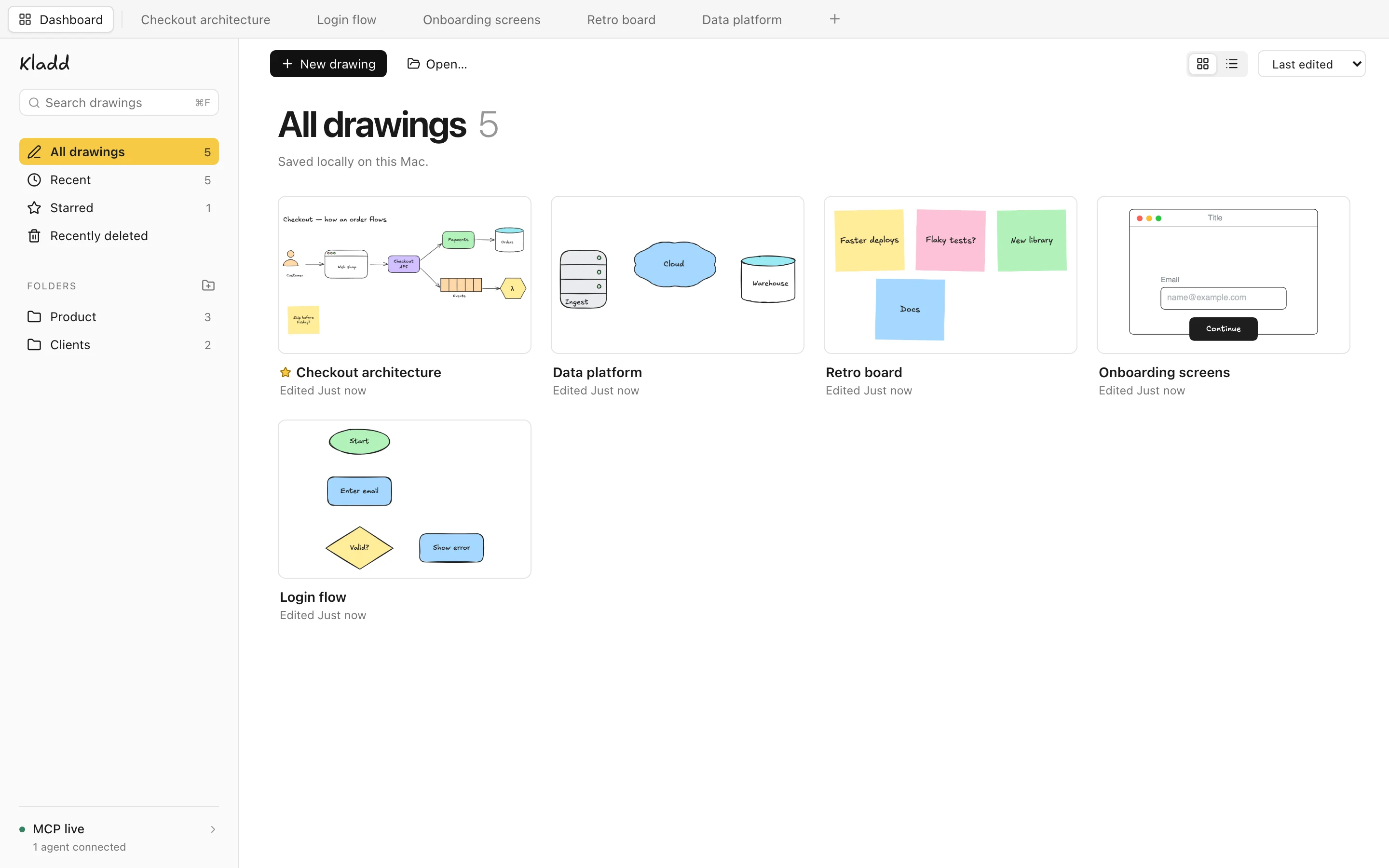 The dashboard: drawings in a grid, folders in the sidebar.